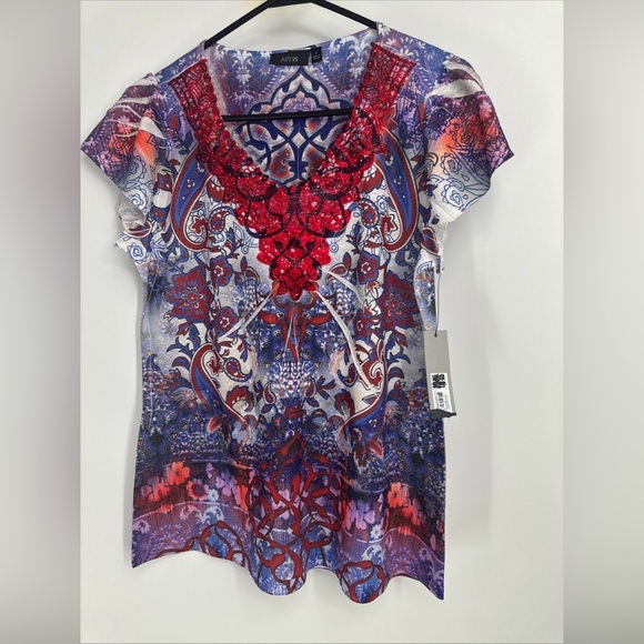 Apt 9 New Colorful Paisley Print Lace Sequin Trim Flutter Sleeve Top Size S - Picture 1 of 5